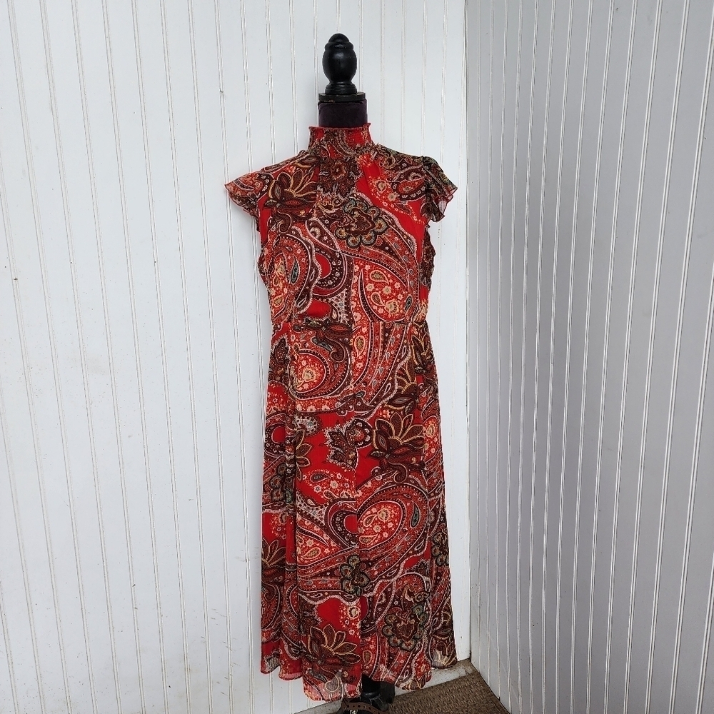 Tommy Hilfiger Women's Paisley Red Multi A-Line Mock-Neck Keyhole Dress Sz 12